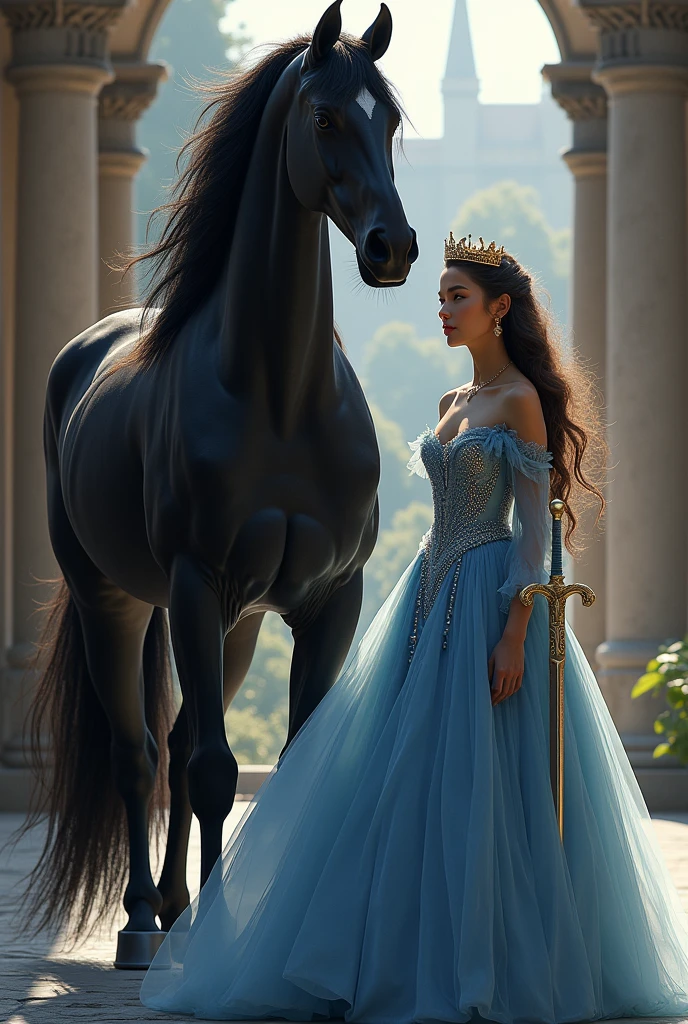 A black Friesian, next to him stands a woman with long hair, she is a princess and has a crown on her head and a sword in her hand. The woman is wearing a long blue dress. It should be aesthetic. 