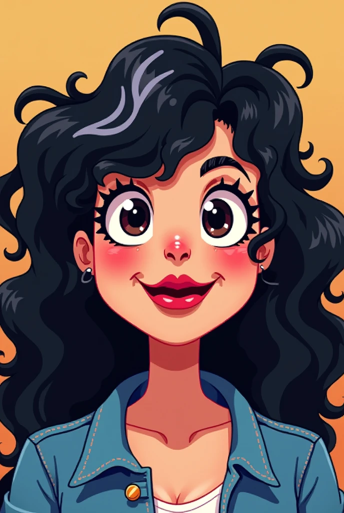 brunette woman, black person hair curly kinky layered long defined white streak, chubby, denim clothing, Brown eyes, reddened mouth, dark eyes, big and wide face, Disney pixel animation style wide nose
