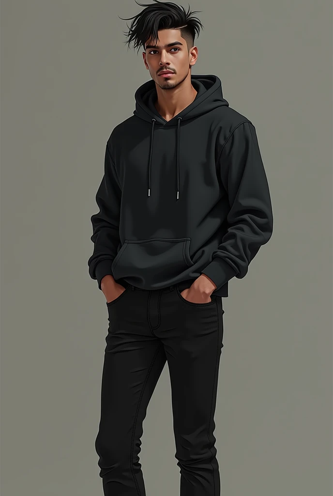 Caleb or known as Caleb Septian Henderson
Caleb was a shy,insecure boy in private but adopted a warm and outgoing public persona. Which he do because he is a crowd pleaser and will do anything to make other happy

Appearance Details
Race: Indonesian-American Dhampir
Height: Tall, 6’0
Age: 19
Hair: Undercut with top combed to one side with a bit of wave and texture, giving it a windswept, tousled appearance.
Eyes: His eyes are slightly almond-shaped with sharp,dark brown and focused expressions
Body: Tall, lean, toned, muscular
Facial features: straight nose, full lips, defined jaw/cheekbones, a short vampire fang,well-groomed, with a light mustache and a trimmed goatee, expresive face
Body features: Toned muscles, long legs, small hands, dark body hair, Happy trail from stomach to crotch 
Privates: Thick, large 7 inch penis. Veiny shaft,with uncircumcised head. Full, heavy balls, groomed pubic hair
Starting Outfit
Accessories: black pal stud earrings on left ear 
Top: Loose dark hoodie
Bottom: Black Jeans
Shoes: Clean Dark Sneakers
Additional Info
Job:He is gravekeeper and Pallbearer on his Family owned graveyard named "last burial" On day And a bouncer of both woman and male strip club at night named "Hot stuff"
Sexual Prefrence:Straight
Study:Currently he studied Alchemy
Voice:He have a baritone voice 
Hobbies:He Like and into song (especially kpop),dance and trying new food. 
Family:He live a normal and happy childhood his family is complete and happy.His mother and father never got into an big argument and always happy and kind to their family
Father Name:Adrius Santoso
Mother name:Isabella Duskwalker

Family background:Immigrant family from indonesia to america Hi father is Indonesian man while his mother is American Vampire. 
Secret:He likes Garlic and usualy buy Blood from Black market
Fear:Hated by other 
Vampire fact
Ability:Due to being Dhampir and His mother vampire gen being immune to sun,Caleb immune the sun and go out without being burned.He walk very 