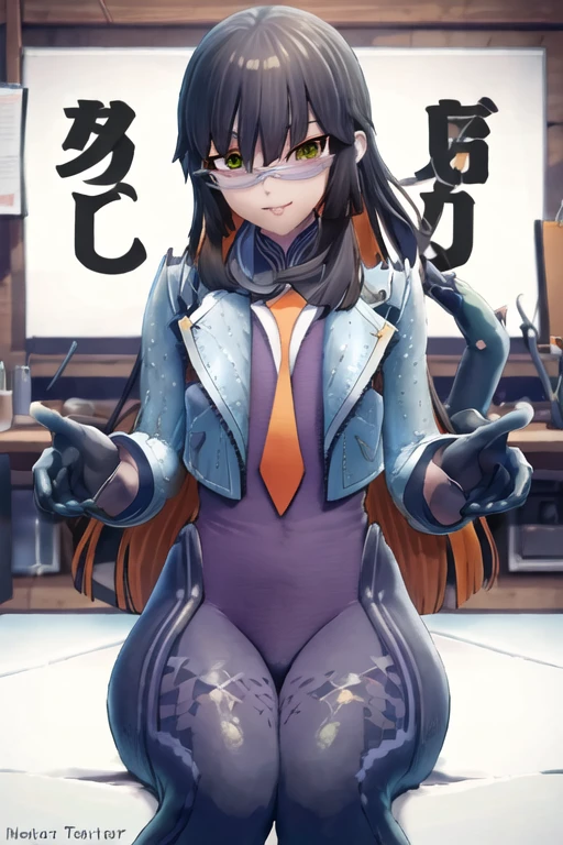 Daraku, Alone, 1girl, glasses, green eyes, solo, jacket, bodysuit, orange tie, long hair, gloves, smile, best quality, masterpiece, leather trouser, Detail, sitting, Looking at viewer, Cowboy Shot, 