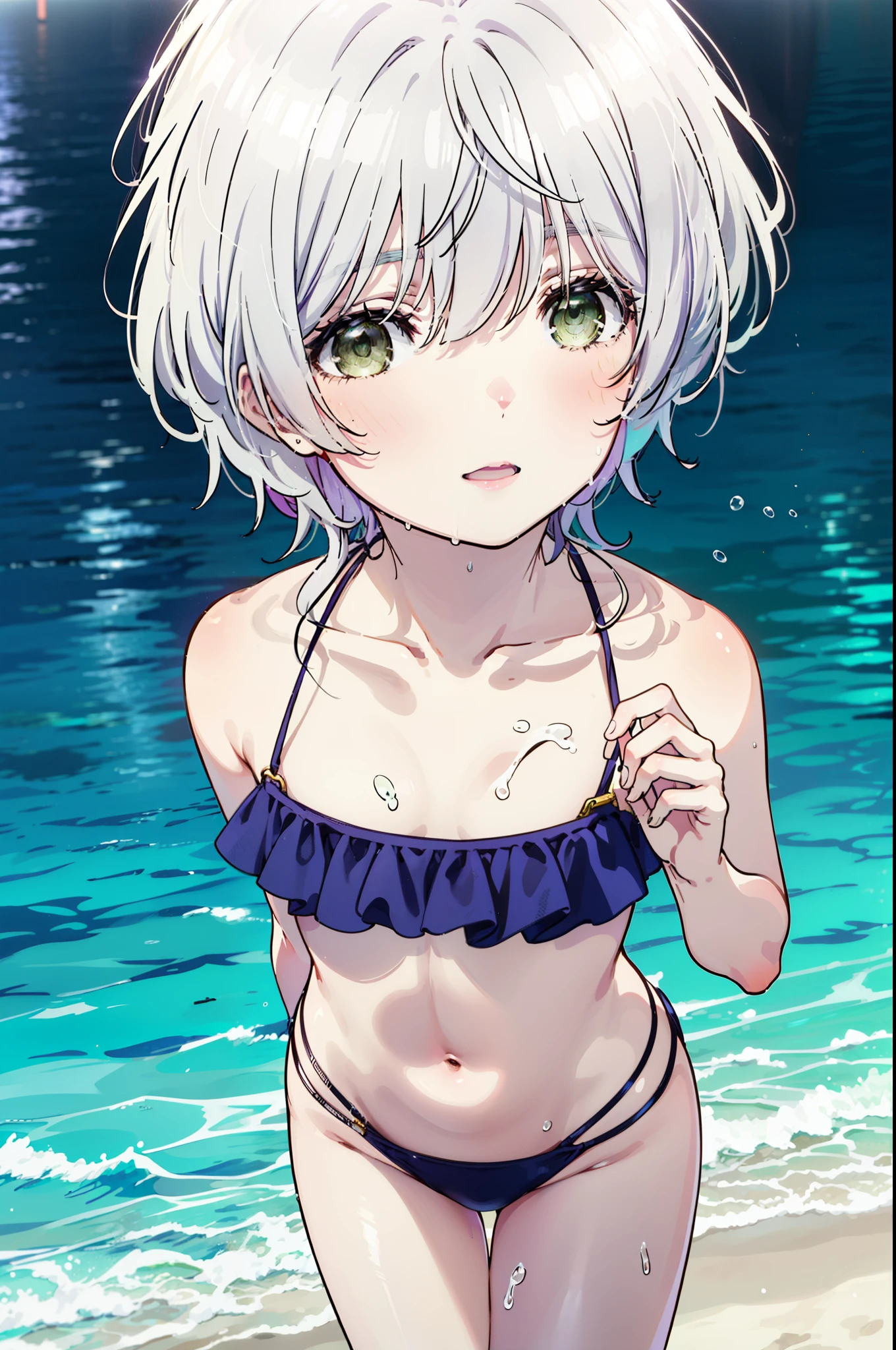 fuukakikuchi, fuuka kikuchi, short hair, bangs, Hair between the eyes, (Green Eyes:1.3), Grey Hair,smile,Open your mouth,Bikini swimsuit with ruffles,Wet Skin,Wet Hair,Wet swimsuit,,barefoot,Water Play,whole bodyがイラストに入るように,
break outdoors, Ocean,Beach,
break looking at viewer,whole body, (Cowboy Shot:1. 5),
break (masterpiece:1.2), Highest quality, High resolution, unity 8k wallpaper, (figure:0.8), (Beautiful attention to detail:1.6), Highly detailed face, Perfect lighting, Highly detailed CG, (Perfect hands, Perfect Anatomy),