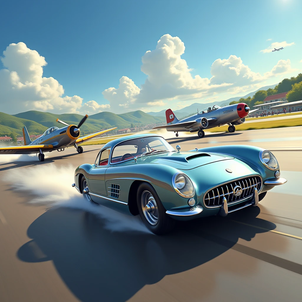 vintage sports car and vintage plane speeding at an airport with sunny day