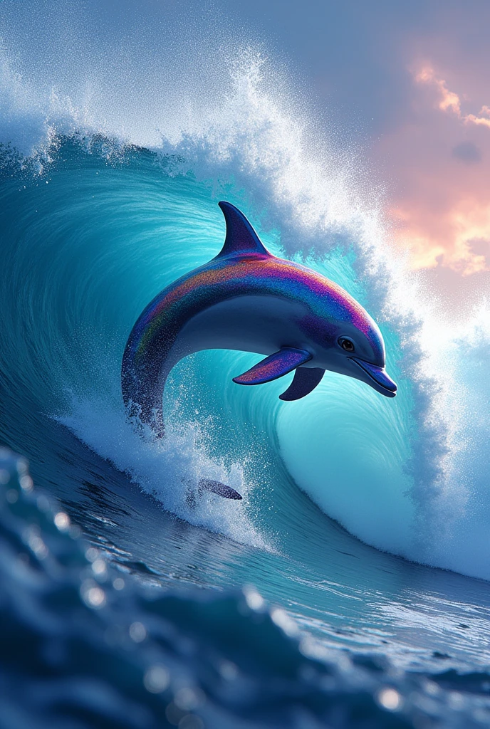 Colorful dolphin in the middle of the wave 