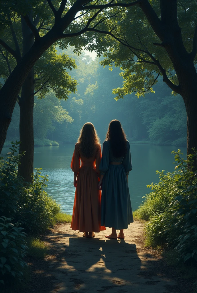 Two women, one with brown hair and one with black hair, walking through a garden with a lake at night. The brown-haired girl delicately touching the leaves of the trees. The black-haired one follows her, with a worried expression. The elongated shadows of the oaks cover the ground. From medieval times
