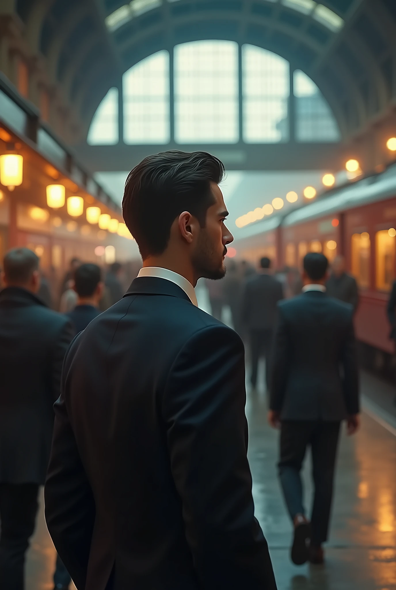 (photorealism:1.2),dari kejauhan tampak  seorang pria muda sangat tampan memakai setelan jas at the train station berjalan(sad facial expression looking at the departing train with a 360° view), at the train station, crowded with people, lights at night, wagon