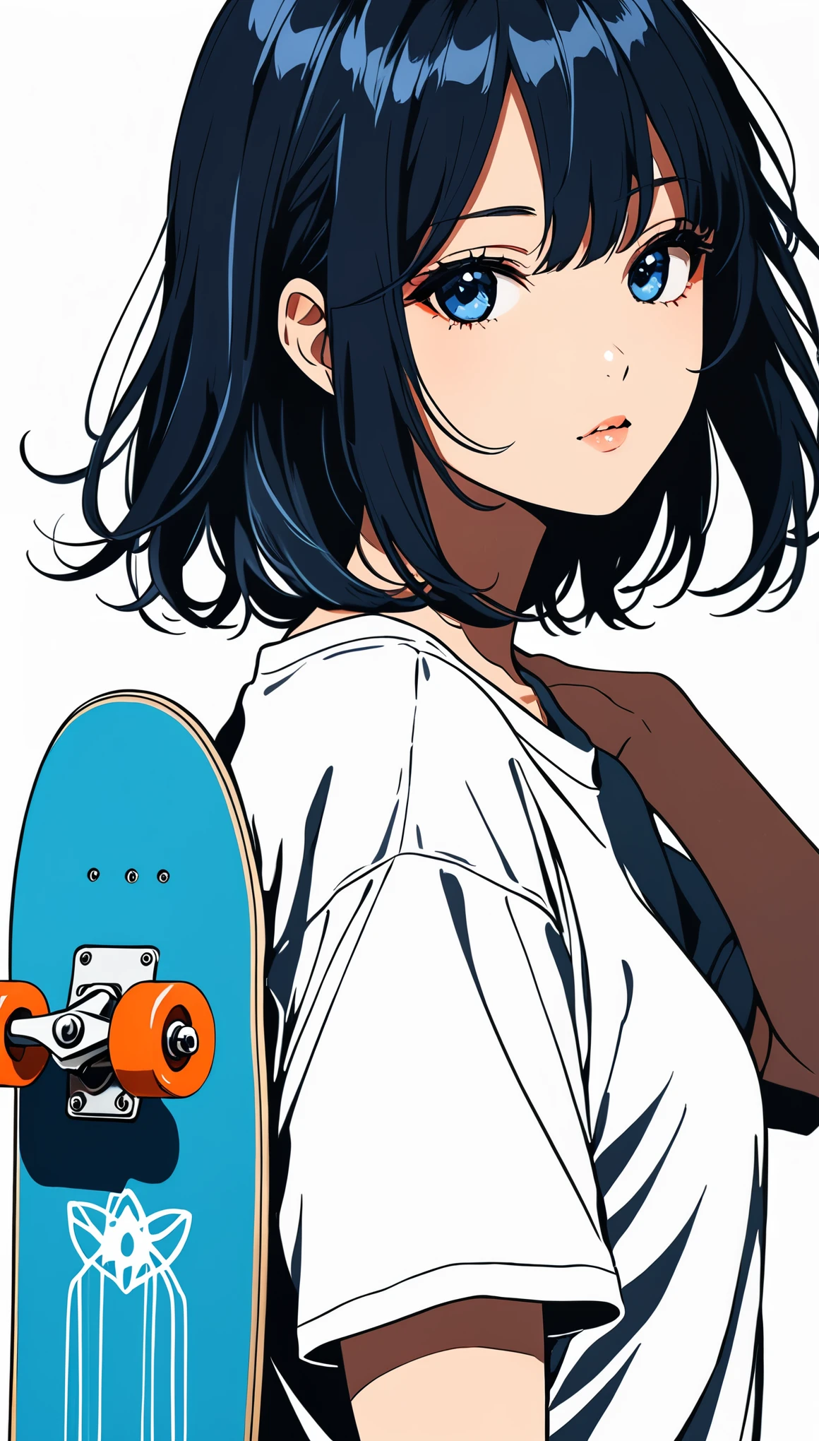 a cute  with black hair, leaning on a  skateboardwearing a blank t-shirt, looking at the viewer, close  up, upper body of the character, abstract hand- drawn  illustration,minimalist graphic, line art monochrome, bold  outline, bold strokes, line drawing, minimalism, in the style of  wnwnmemo only use blue, white background