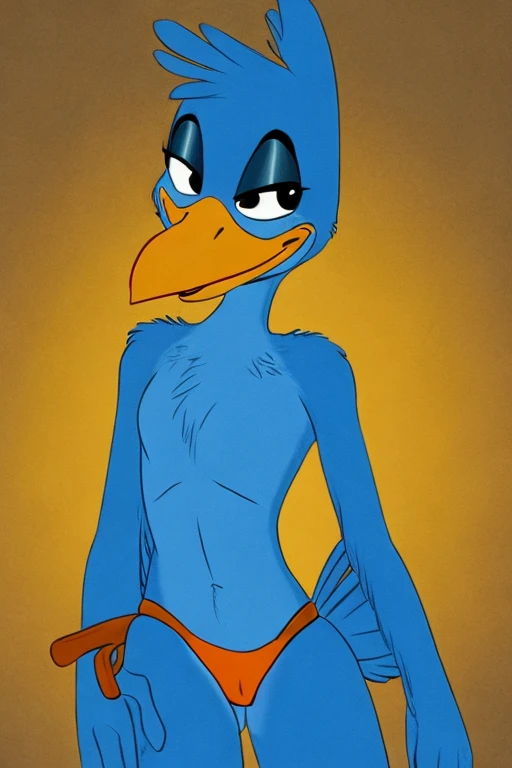Anthropomorphic blue bird, large yellow beak with orange, arms with dark blue stripes, wearing a brown leather thong, animation.
