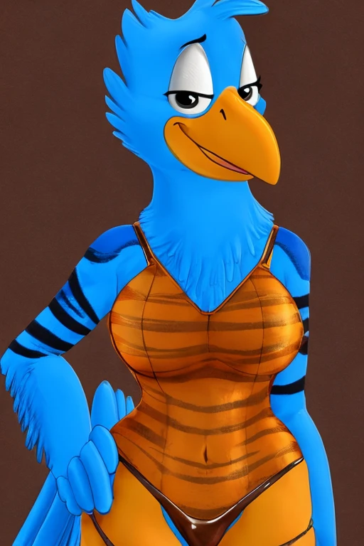 Anthropomorphic blue bird, large yellow beak with orange, arms with dark blue stripes, wearing a brown leather thong, animation.