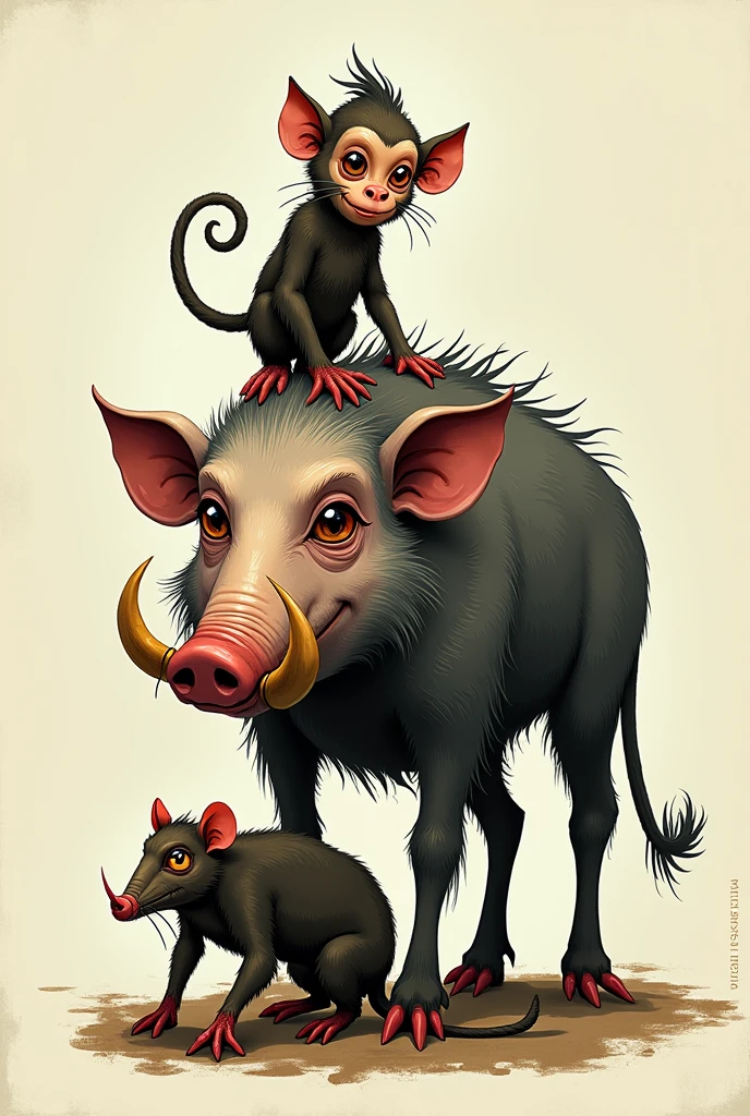 MONKEY ON TOP OF A BOAR NAMED GIL BALD WITH HAIR ONLY ON THE SIDES, AND A DEMONIC RAT, WITH BIG NAILS BIG FOOT STYLE