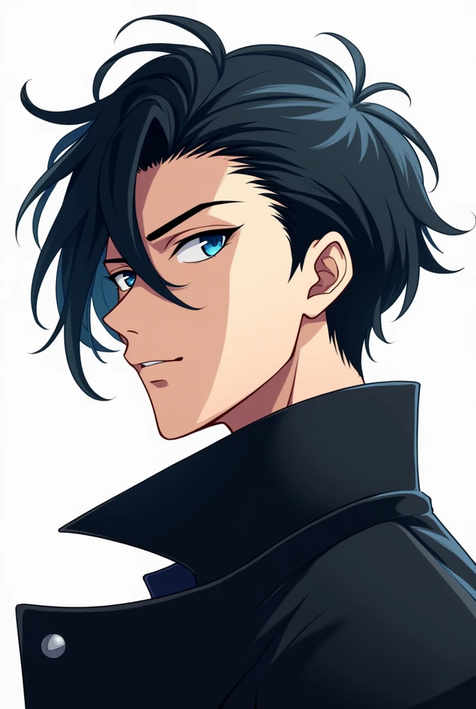 Anime drawing male character with black hair and blue eyes, black coat, white background, half body