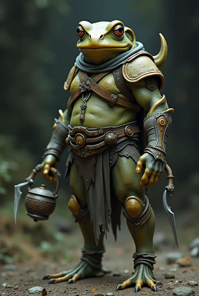 A frog with two strange daggers wearing light armor and a half-skeleton frog helmet and a pot in its mouth