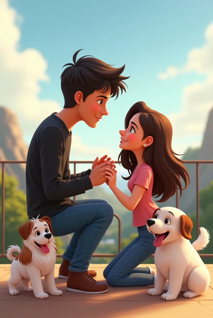 an animated image showing a tall young man, delgado, strong, moreno, black hair, dressed in jeans and a long-sleeved black shirt, to a young woman, long brown hair, short stature, slim, White skin, dressed in jeans and a pink shirt,sitting on a viewing platform accompanied by a white French poodle, small size, a medium-sized long-haired Maltese dog and a large-sized white female dog with brown spots on her back and brown ears 