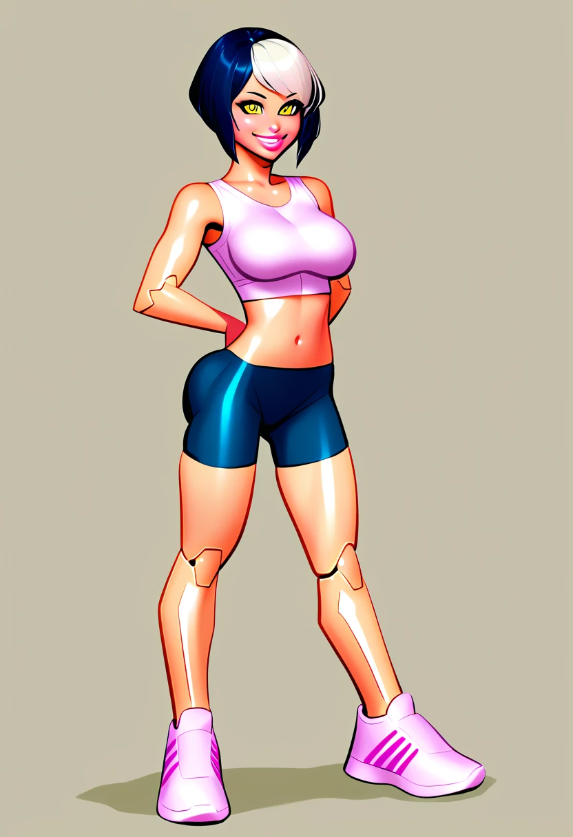 score_5_up,score_6_up,score_7_up,
1girl, solo, smile, wearing (crop top, black shorts, bike_shorts, sneakers), android, mechanical legs, mechanical arms, robot joints, black hair, white hair, two-tone_hair, short hair, yellow eyes, simple background