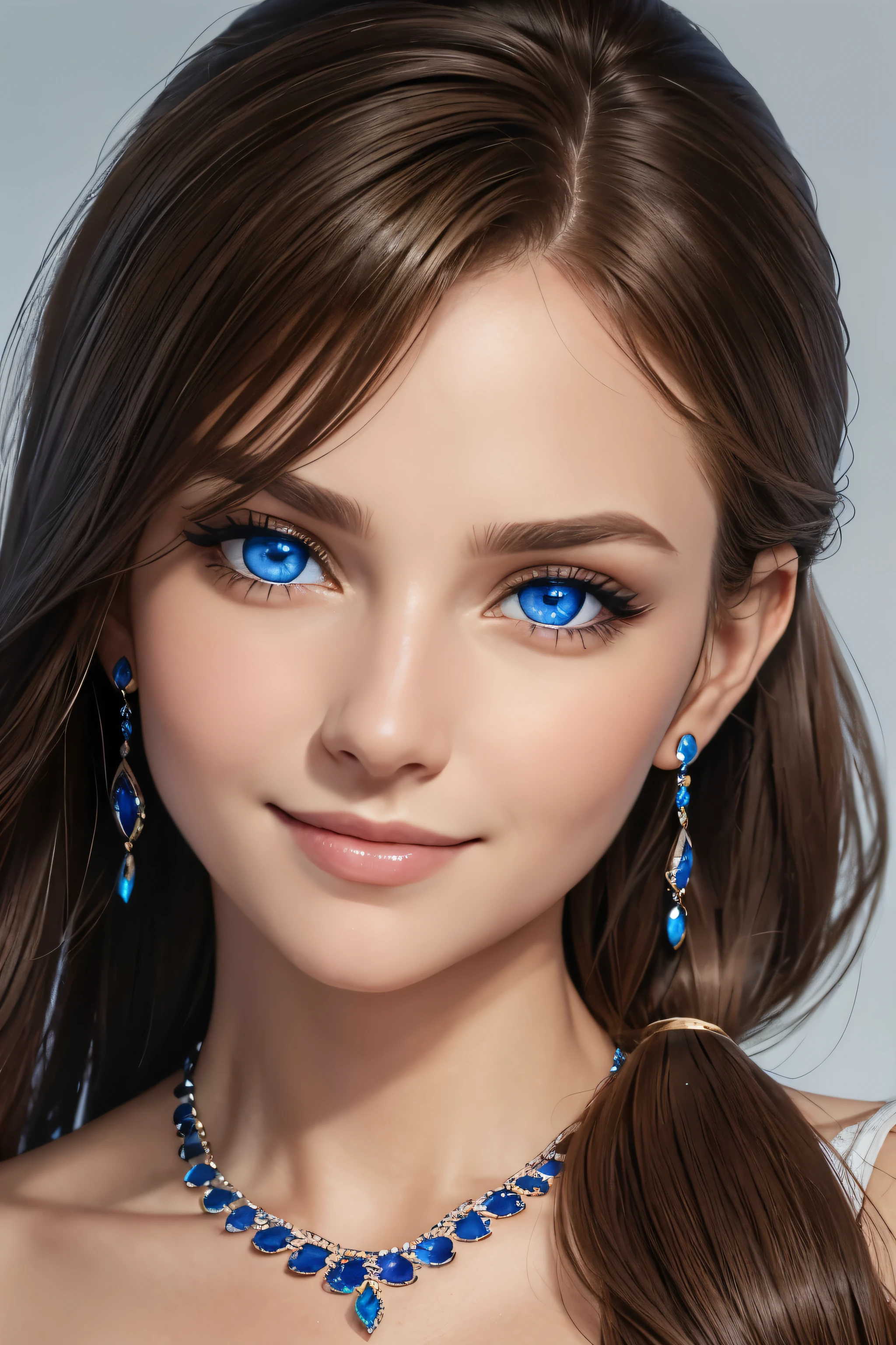 Woman, Brown Hair, Ponytail, Crystal Blue Eyes, ((Detailed Eyes)), (Detailed Irises), Perfect Eyes, Close Up Portrait, Coy Smile, Sapphire Earrings, Sapphire Necklace