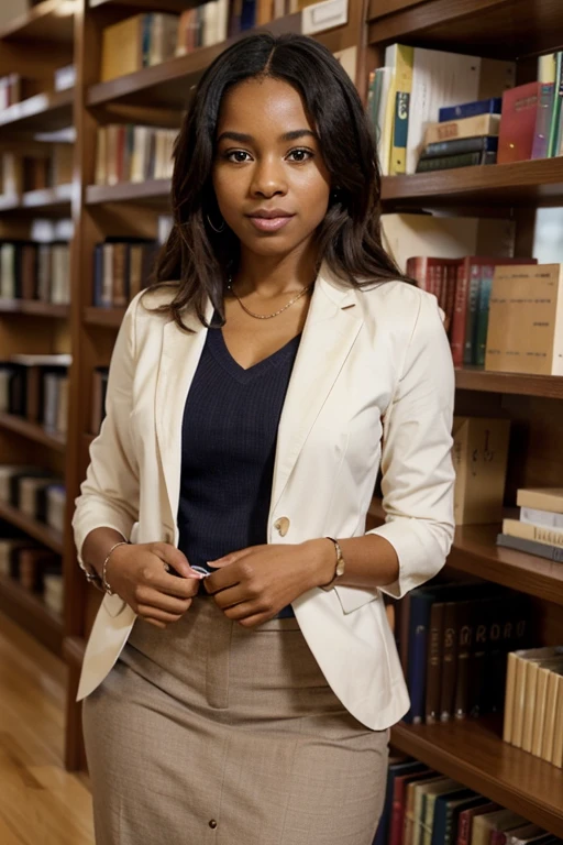 Create an image of a distinguished African American teacher standing confidently in the middle of a well-organized library. The teacher is dressed in professional attire, featuring a smart blazer with a coordinating blouse and tailored trousers or a skirt. The teacher’s stance is poised and approachable, conveying both authority and warmth. The library shelves filled with books form a neat and inviting background, but the focus should remain on the teacher's whole-body presence, highlighting their role as an inspiring educator amidst the academic environment.