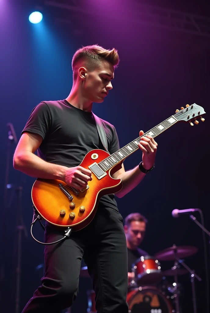 25 year old Caucasian young man playing electric guitar. This is a 1959 Gibson Les Paul. The man got a fade at the hairdresser so his hair is very well done. The man has slightly green eyes. He is dressed classy but without overdoing it.. Small Casual T-shirt with fitted pants. The photo is taken at a concert so he is on stage.