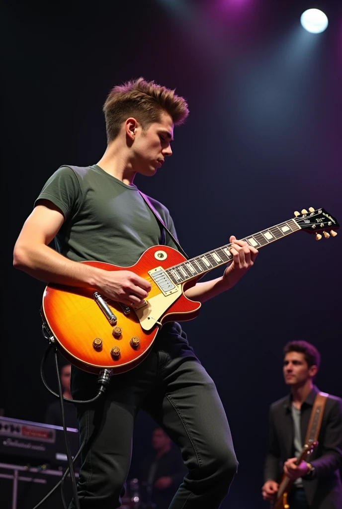 25 year old Caucasian young man playing electric guitar. This is a 1959 Gibson Les Paul. The man got a fade at the hairdresser so his hair is very well done. The man has slightly green eyes. He is dressed classy but without overdoing it.. Small Casual T-shirt with fitted pants. The photo is taken at a concert so he is on stage.