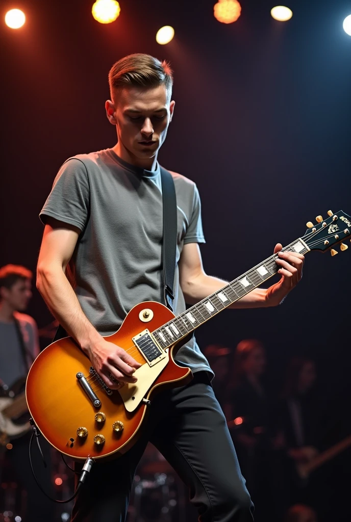 25 year old Caucasian young man playing electric guitar. This is a 1959 Gibson Les Paul. The man got a fade at the hairdresser so his hair is very well done. The man has slightly green eyes. He is dressed classy but without overdoing it.. Small Casual T-shirt with fitted pants. The photo is taken at a concert so he is on stage.