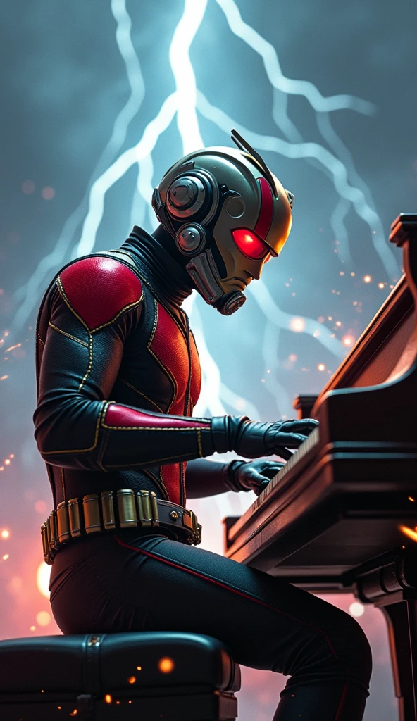 rock Antman marvel by playing the piano with a thunder background and a very rock vibes.