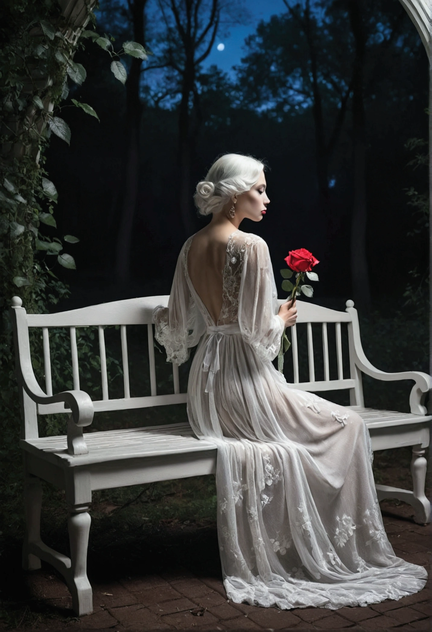 The ghost of a beautiful woman,transparent body,sitting on a forest bench,holding a rose,white house dress,the night,moonlight,photo from behind