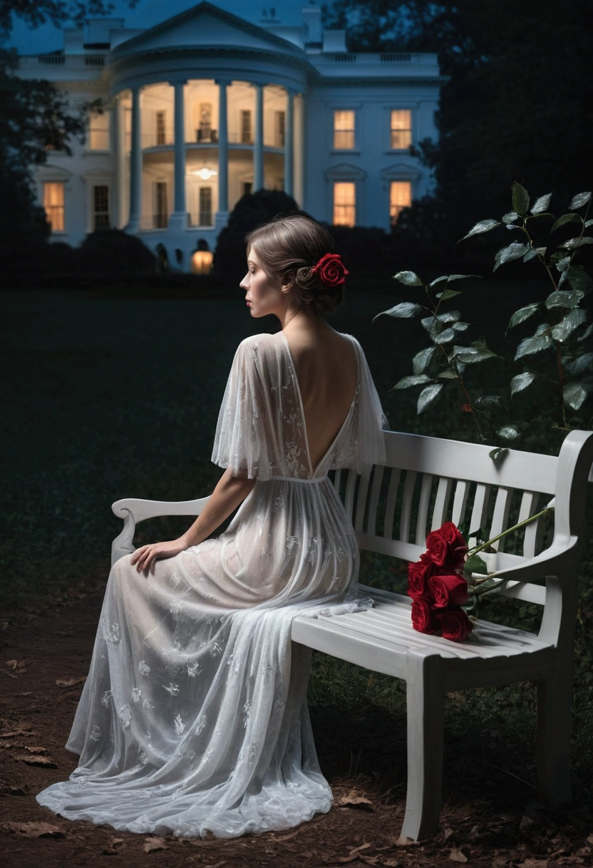 The ghost of a beautiful woman,transparent body,sitting on a forest bench,holding a rose,white house dress,the night,moonlight,photo from behind