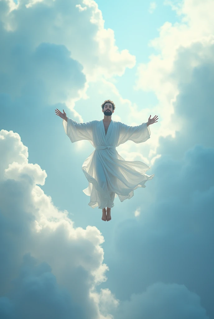 Man flying among the clouds in white clothes