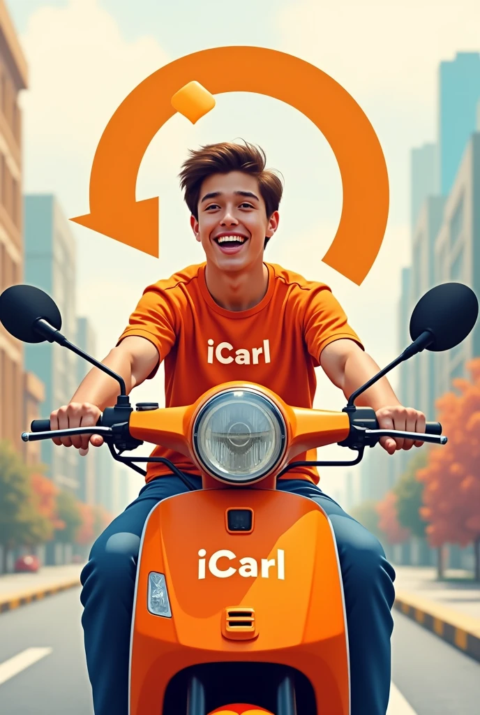 create an orange urban mobility logo with the words iCarl written on it and in the background place a happy real person riding an orange motorcycle wearing a shirt with the logo written luck