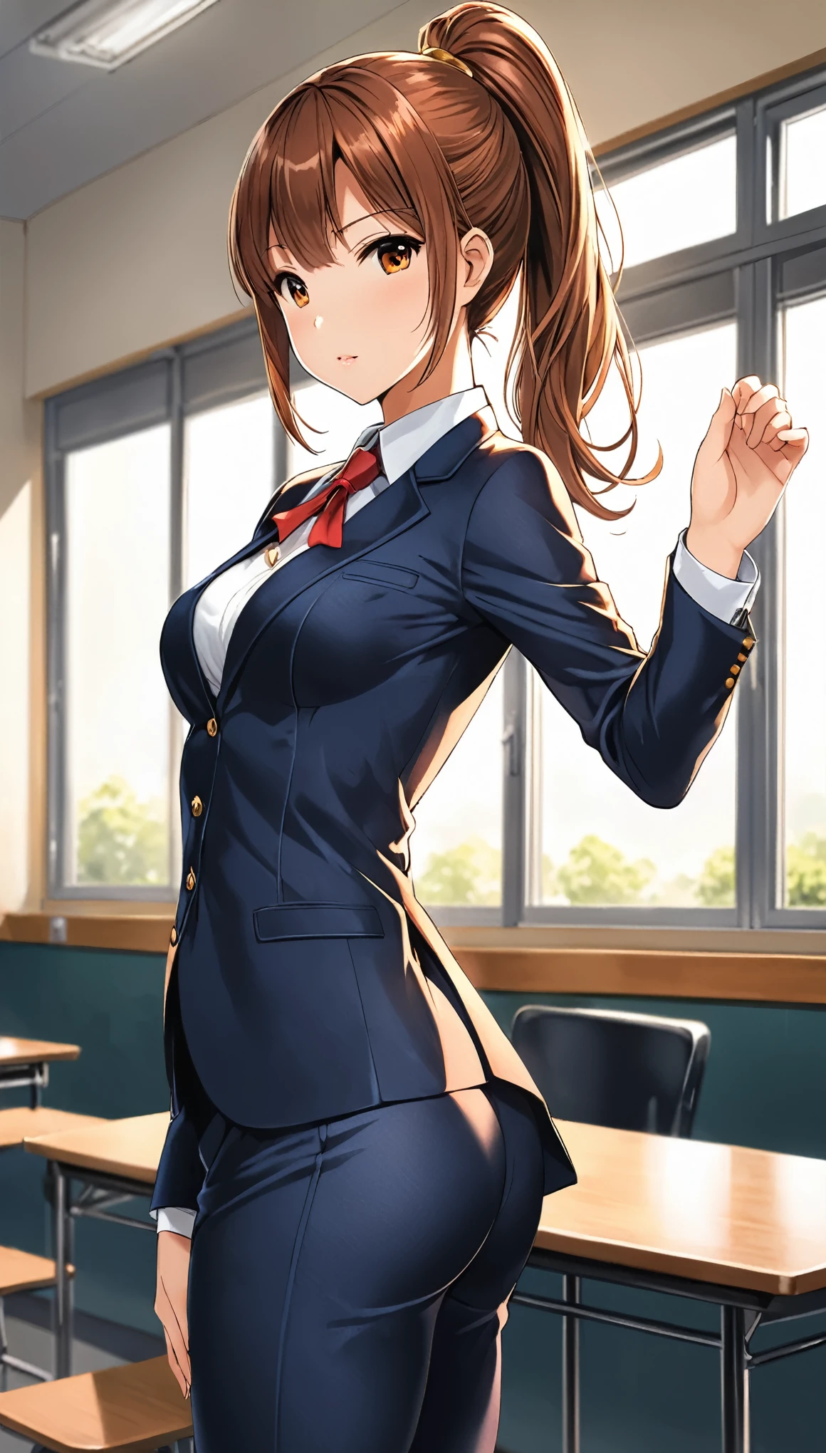 in style of Arthur Adams
(1 girl ),Above the knee shot,from side,High-end dress suit,see through fullbodystocking under the suit,(arm_held_back),(gravure_pose:1.8),high ponytail,incredibly long hair,small ,
BREAK
(stand sideways:2.4),(mid breasts the viewer:2),(arm cross the ass:1.8),Schoolassroom background,Background blur,