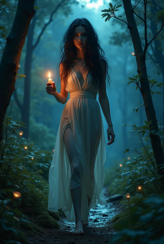 A captivating scene of a young woman named Wednesday, her skin glowing with an ethereal pallor, making her way through a mystical trail that winds through a dense, moonlit forest. She is unabashedly naked, her long raven hair cascading down her back in soft waves that dance with the whispers of the cool night breeze. The delicate arch of her footsteps marks the velvety moss beneath her as she treads lightly, carrying a single candle, its warm flame casting flickering shadows that play upon her body, emphasizing the seductive curves and sharp angles of her figure. The candle's glow is a beacon in the enveloping darkness, casting an aura of pure white light around her that seems to ward off the gloom of the enchanted woods. The trail is adorned with luminescent fungi and bioluminescent flora, their soft hues of blue and green guiding her path like a living tapestry. As she moves deeper into the woods, the foliage thickens, wrapping her in a cocoon of leaves and branches that seem to bend and sway in her wake. Her eyes, deep pools of black, gleam with a hint of mischief and determination, hinting at the secret mission that has drawn her to this enigmatic place. The serene expression on her face is a testament to her comfort within the embrace of the supernatural world she calls home. The atmosphere is charged with an ancient, unspoken magic, and every creature of the night seems to hold its breath in anticipation of her passage. This is a moment of power and vulnerability, of beauty intertwined with the mysteries of the unknown, as Wednesday continues her nocturnal journey through the heart of the enchanted realm.