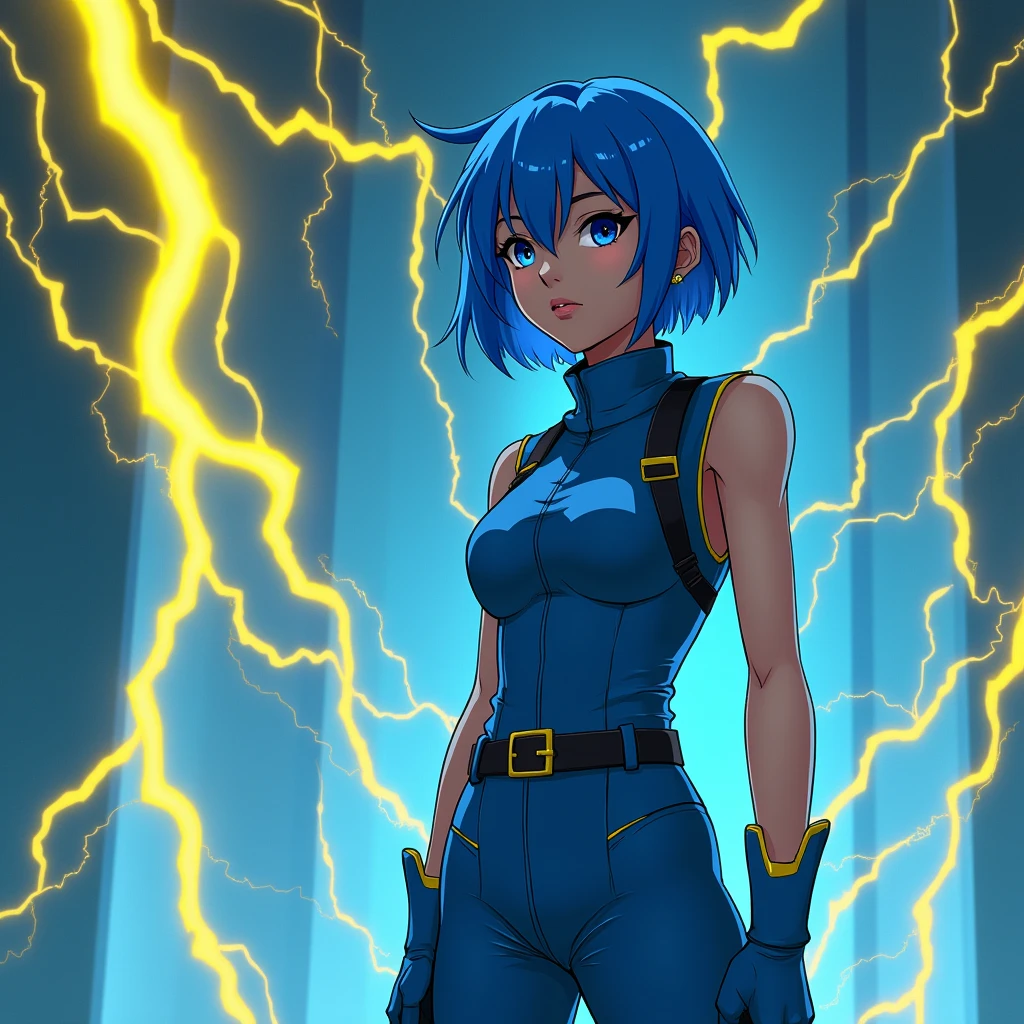 (Maximum quality), fantasy, blue and yellow hair, blue military suit, assessing, neon, electricity, slender girl, yellowish blue rays, High Definition, ultra detailed, in a hurry, Filipino girl, sleeveless suit, simple military gloves, agente especial de assessing radiante, short hair
