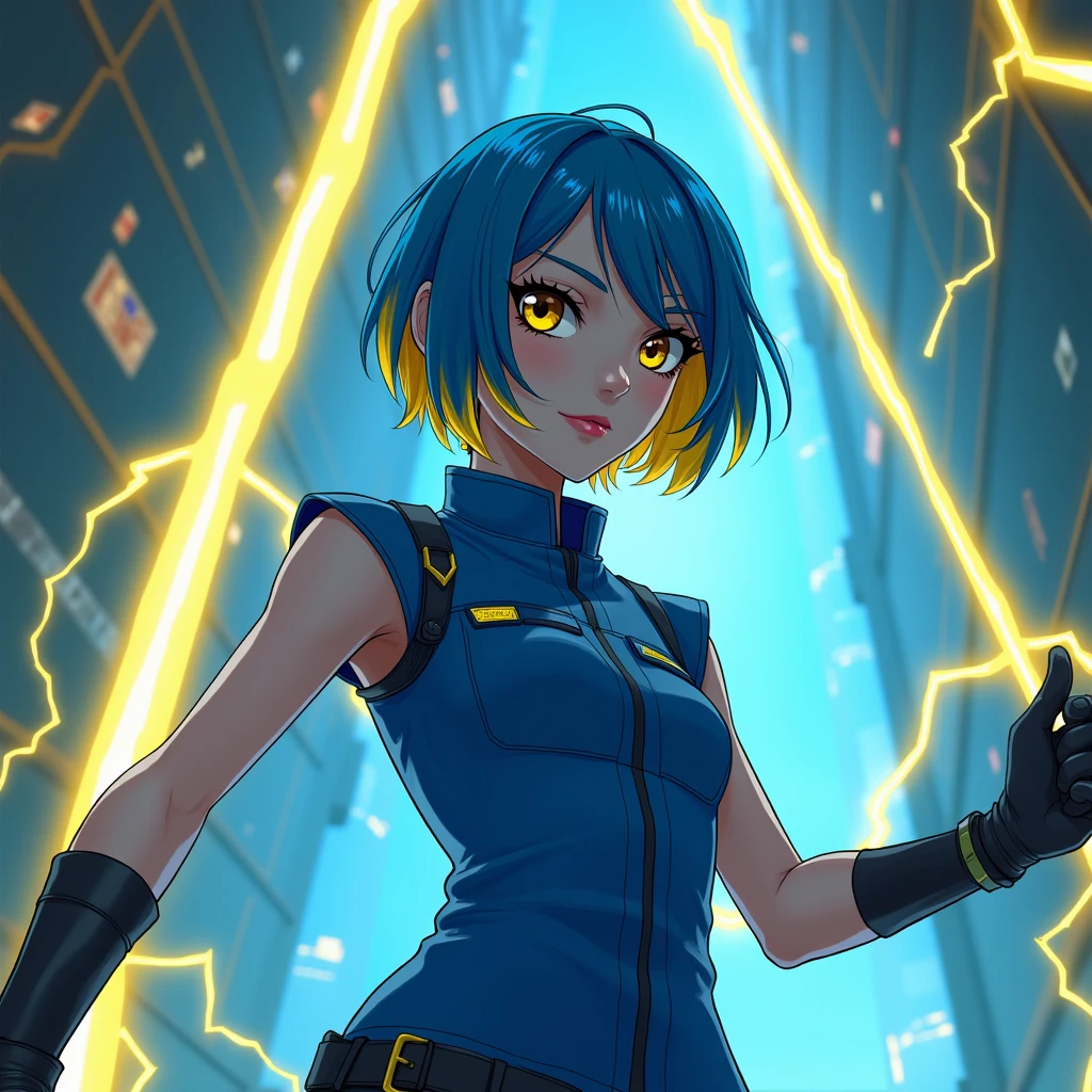 (Maximum quality), fantasy, blue and yellow hair, blue military suit, assessing, neon, electricity, slender girl, yellowish blue rays, High Definition, ultra detailed, in a hurry, Filipino girl, sleeveless suit, simple military gloves, agente especial de assessing radiante, short hair