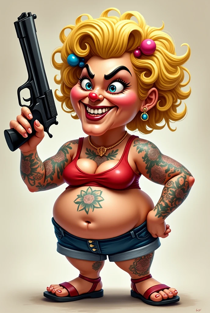 Drawing of Dona Florinda from the television series EL CHAVO holding a firearm and with colored curlers wrapped around her hair with an evil face and tattoos on her body. The woman must have blonde hair and look like the character Dona Florinda from the series Chaves in Animated Cartoon produced by Roberto Gómez Bolaños.