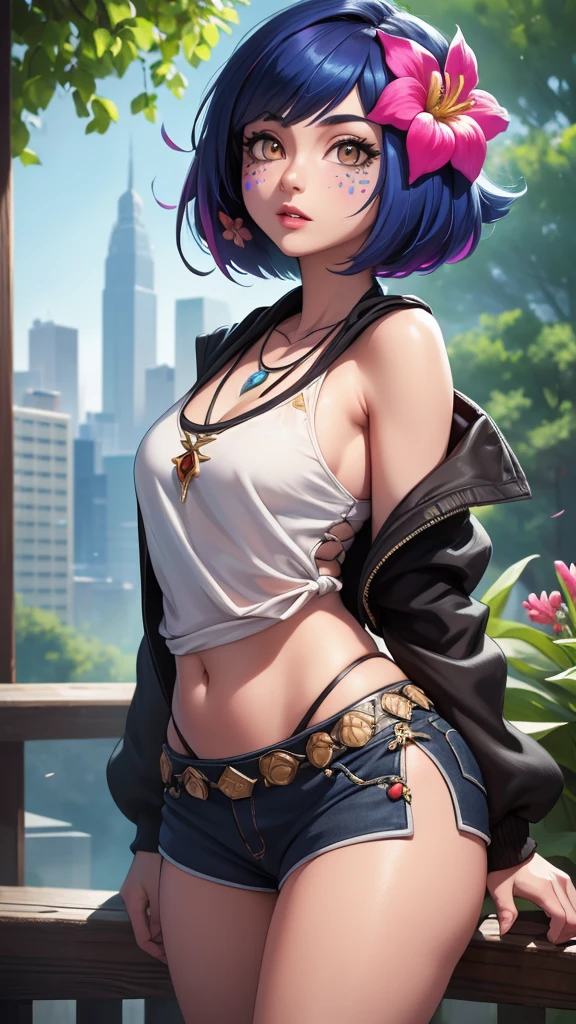 masterpiece,(best quality,top quality,8k),ultra detailed,illustration,painting,detailed eyes and face,1girl,neeko,facial marks, hair ornaments, hair flower, necklace,brlack shorts, (black sweatshirt:1.1),(short hair), pretty girl, beauty skin, ultra high res, raw photo , detailed body , (looking at viewer ),(puffy eyes) ,good contrast , high sharpness,(gorgeous),realistic,RAW Photography,(hyperdetailed:1.2),city