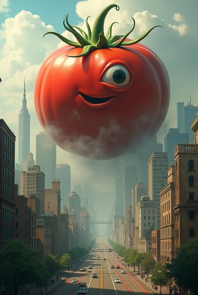 Tomato with mouth and eye dominated the city
