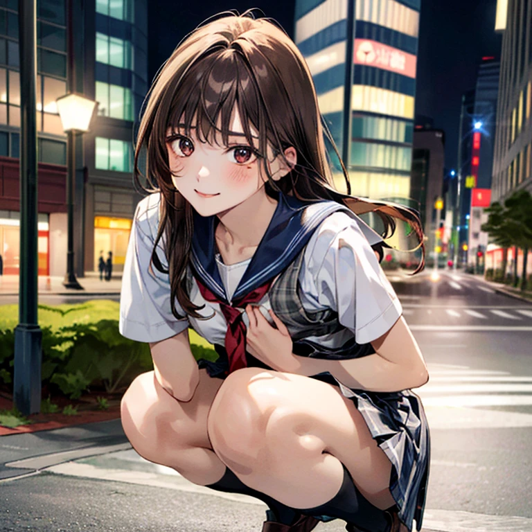  (((Ultra-small micro sailor suit))),(masterpiece:1.3, top-quality), ultra high res, ultra detailed, (realistic, photorealistic:1.4), beautiful illustration, perfect lighting, colorful, depth of fields, 
looking at viewer, (face focus, upper body), 1 girl, 独奏, hight school girl, gravure model, (large breasts:0.8, large ass, seductive thighs, skindentation),
(long hair:1.2, straight hair:1.2, hair intakes, Bronze hair), asymmetrical bangs, (brown) eyes, drooping eyes, big eyes, shiny skin, 
beautiful hair, beautiful face, extremely detailed face, beautiful detailed eyes, beautiful clavicle, beautiful body, beautiful chest, beautiful thigh, beautiful legs, beautiful fingers, 
(detailed cloth texture, navy knit vest, collared short sleeve white shirt, grey plaid pleated skirt, grey plaid tie), black socks, white panties, black school bag,
(beautiful scenery), evening, (downtown, ), squatting, (lovely smile. upper eyes),