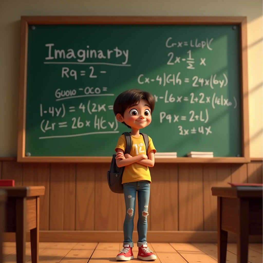 solved exercise on imaginary numbers and stick it on a blackboard and put a pixar-style teenager in front of the blackboard