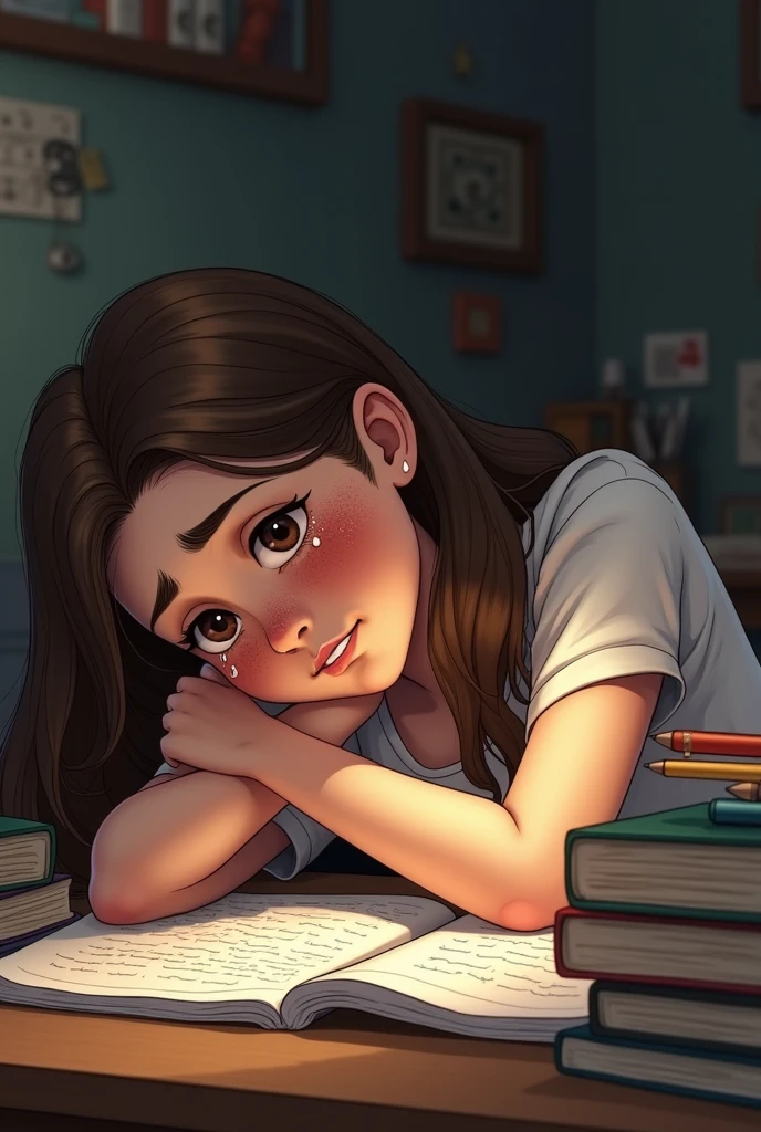 A  with freckles, long brown hair and brown eyes and doing homework and crying at her desk lying on the