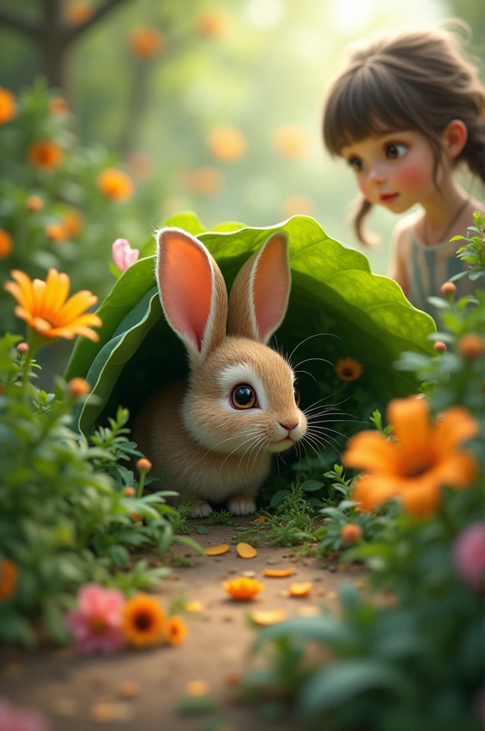 A cute rabbit hiding under a plant in the garden, with the young girl spotting it from a distance."