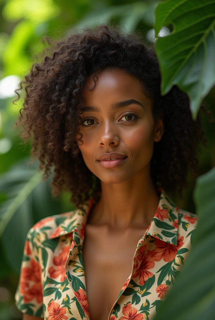 A Brazilian woman in a lush tropical garden, wearing an open shirt with a floral print, with a close-up capturing the harmonious beauty between her breasts and the natural flowers, showing off your natural charm and outgoing personality.