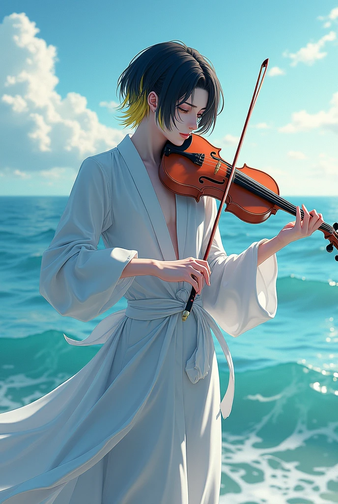 Sea. I need a male character — > with androgynous clothes<>ouji playing violin.
offwhite, shorth hair, black with yellow highlights Make him look like the character "Voyager" de Reverse 1999.