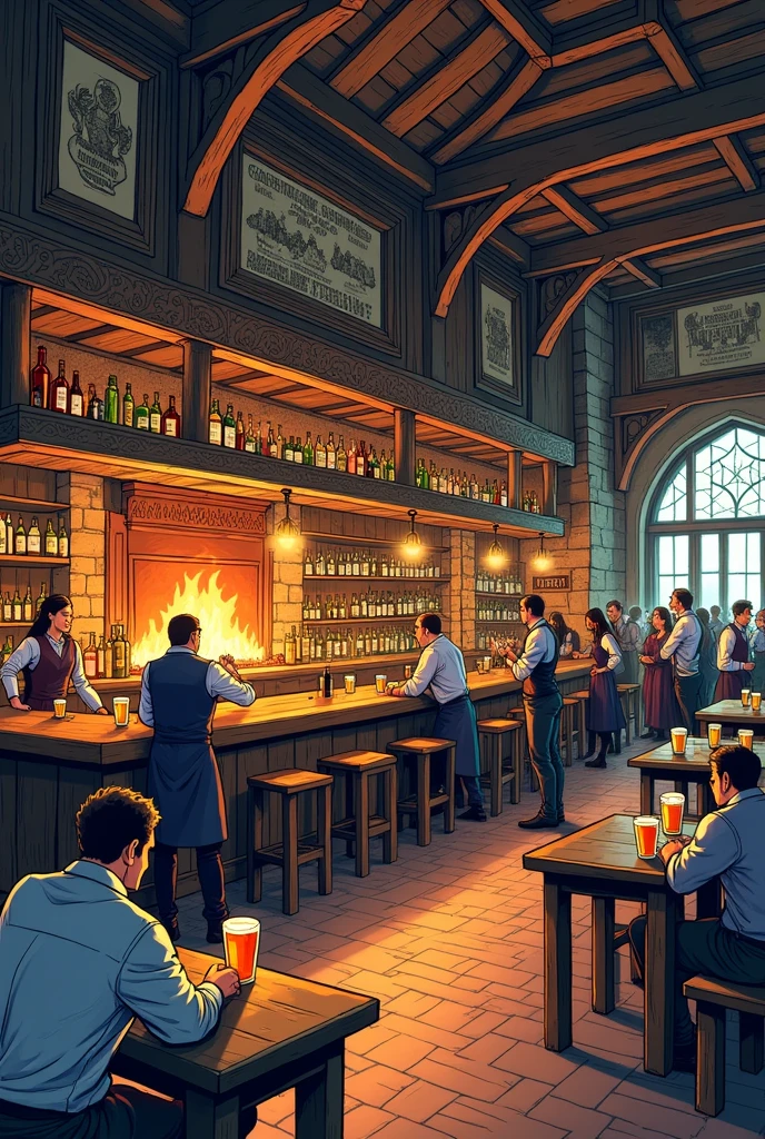 (men and women:1.4) drinking absinthe in busy tavern, heavy wooden barrels of absinthe, solid iron tables coal fireplace,detailed mirrors, dart board, dog sleeping by fireplace, barkeep washing glasses, serving staff, raucous behaviour,fiddle player, live music, industrial revolution,WoodIronAI,AbsinthePunkAI,<lora:WoodIronAIv2:0.5> <lora:AbsinthePunkAI:0.6>
