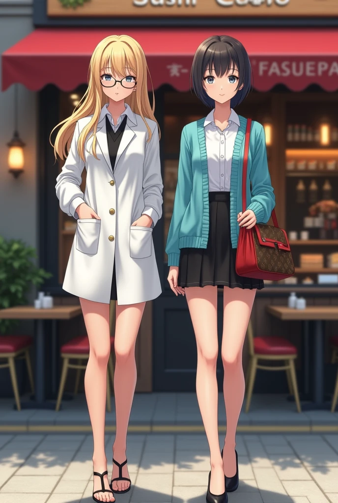 (2 girl), ((1 woman is French, 1 girl Japanese with standing)) , front sushi restaurant , noon ,from Front view, looking at viewer, ((1 young French White girl:1.3)) ( blond hair, long hair, gray eye, little lip , earring neckless, black eyeglass), (White Doctor costume, White blouse, Black miniskirt, black hi-heal), ((1 Japanese Girls):1.3) ,(20-year-old),( Beautiful Eyes, Light brown straight short hair, fringe, Faint lips),(earring, neckless) , (White Shirt, sky blue seater, Black miniskirts), black HI heal) , Louis Vuitton Red shoulder-bag, lady's watch of Seiko, ((Surrealism, Hyperrealism, UHD, retina, masterpiece, anatomically correct, accurate, textured skin, super detail, high details, high quality, best quality, 4K))