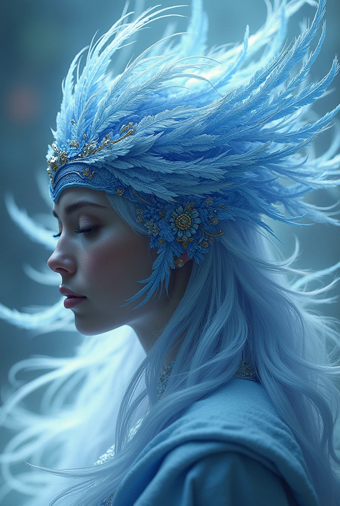A headdress with bird and wind design. Colored blue and white
