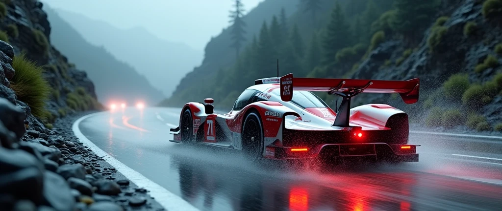 detailed racing car, Toyota car, 1 car, rainy weather, winding mountain road, fast motion blur, dynamic racing scene, dramatic lighting, cinematic composition, photorealistic rendering, vibrant colors, high contrast, detailed reflections, wet asphalt, splashing water, dynamic camera angle, intense speed blur, professional motorsports photography, advanced 3D modeling, physically-based rendering, ultra-detailed textures, masterpiece