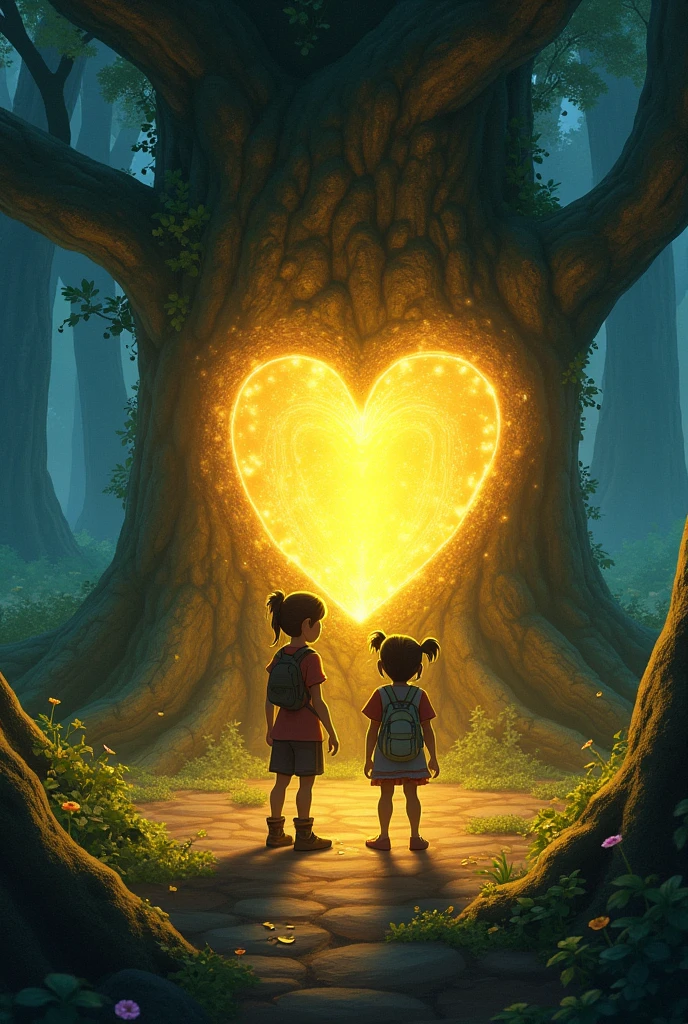 the girl Liz and Jhon Luis, finding the golden heart in an ancient tree. The entire forest shines as the spell is broken, revealing a landscape full of life and color.