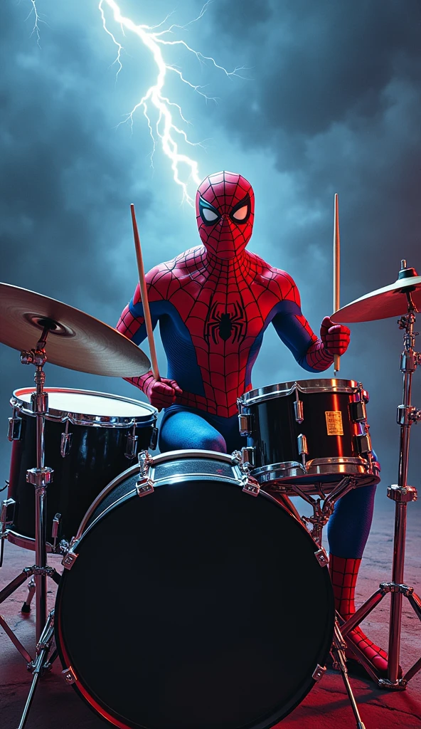 Rock Spiderman marvel holding a stick sitting playing drums with a background of thunder and very rock vibes.