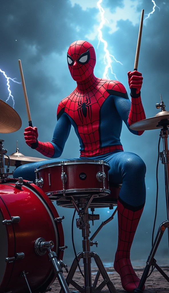 Rock Spiderman marvel holding a stick sitting playing drums with a background of thunder and very rock vibes.