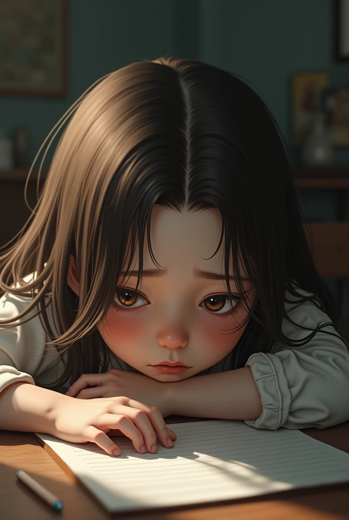 Brunette hair, 6-year-old little Chinese girl, dirty, shabby room, pained face, crying loudly, screaming, very detailed