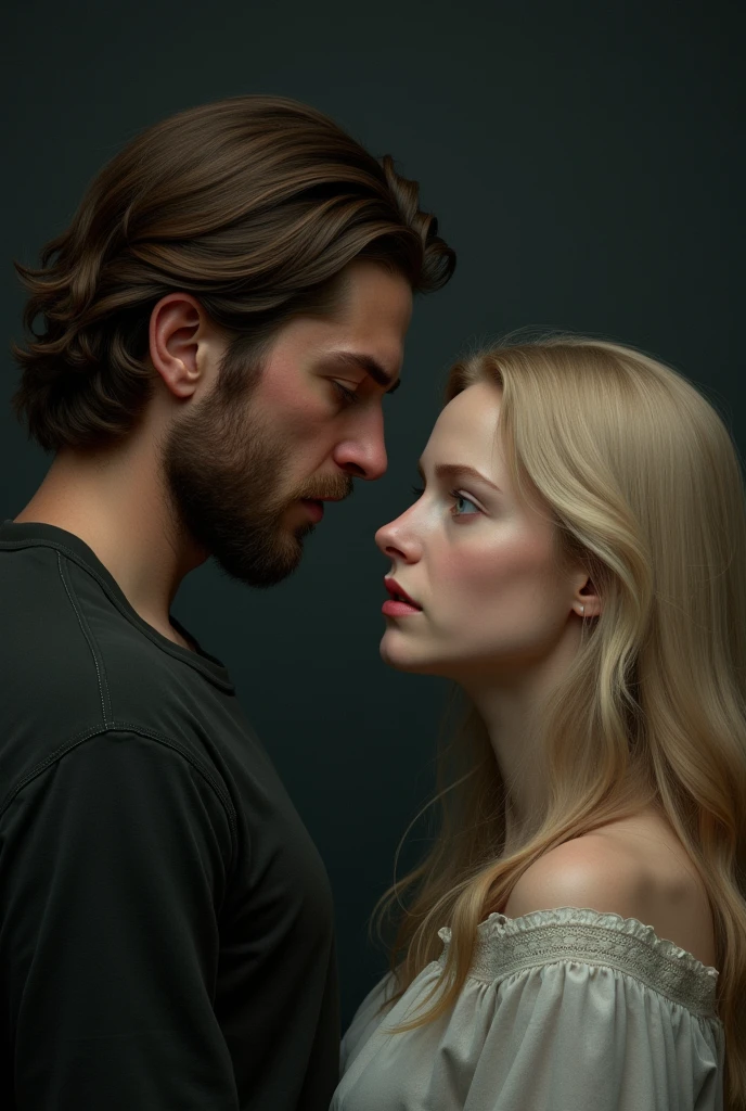 man and woman, The man must have medium-length brown hair., Tez blanca del mismo color de piel que la mujer, He must not have a beard, blue eyes, high, the woman has to have blonde hair, Tez blanca, eyes the color of honey, angelic and cute appearance, They both look at each other in pain, dark background 