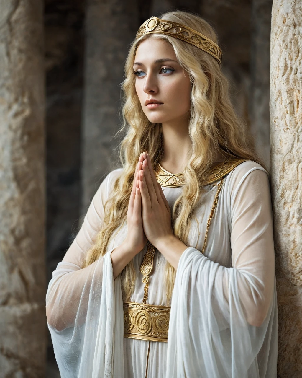 Ancient Greek Priestess, very pretty, blonde long hair, sheer tunic, praying to the goddess Athena, very sensual, photographic quality.